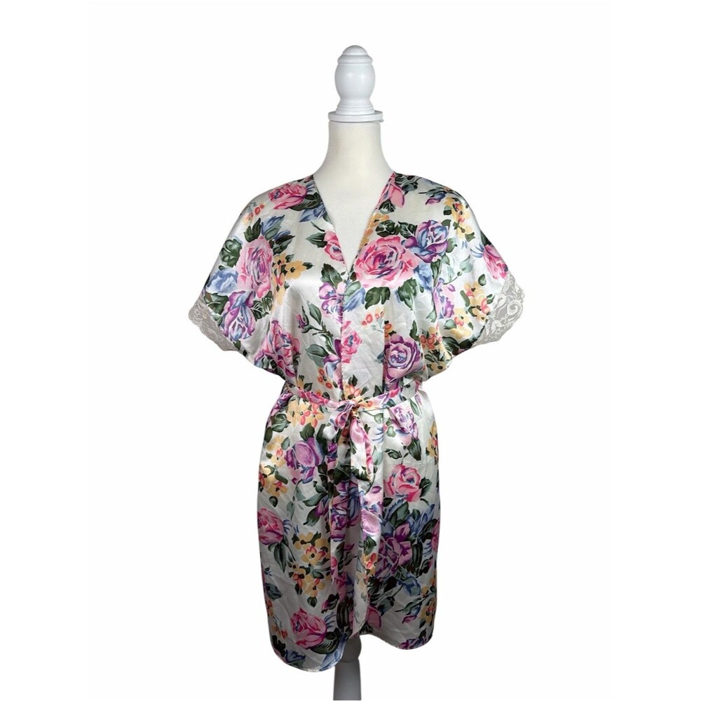 Vintage California Miss Floral Satin Robe Cottagecore Romantic Lace Trim Belted
